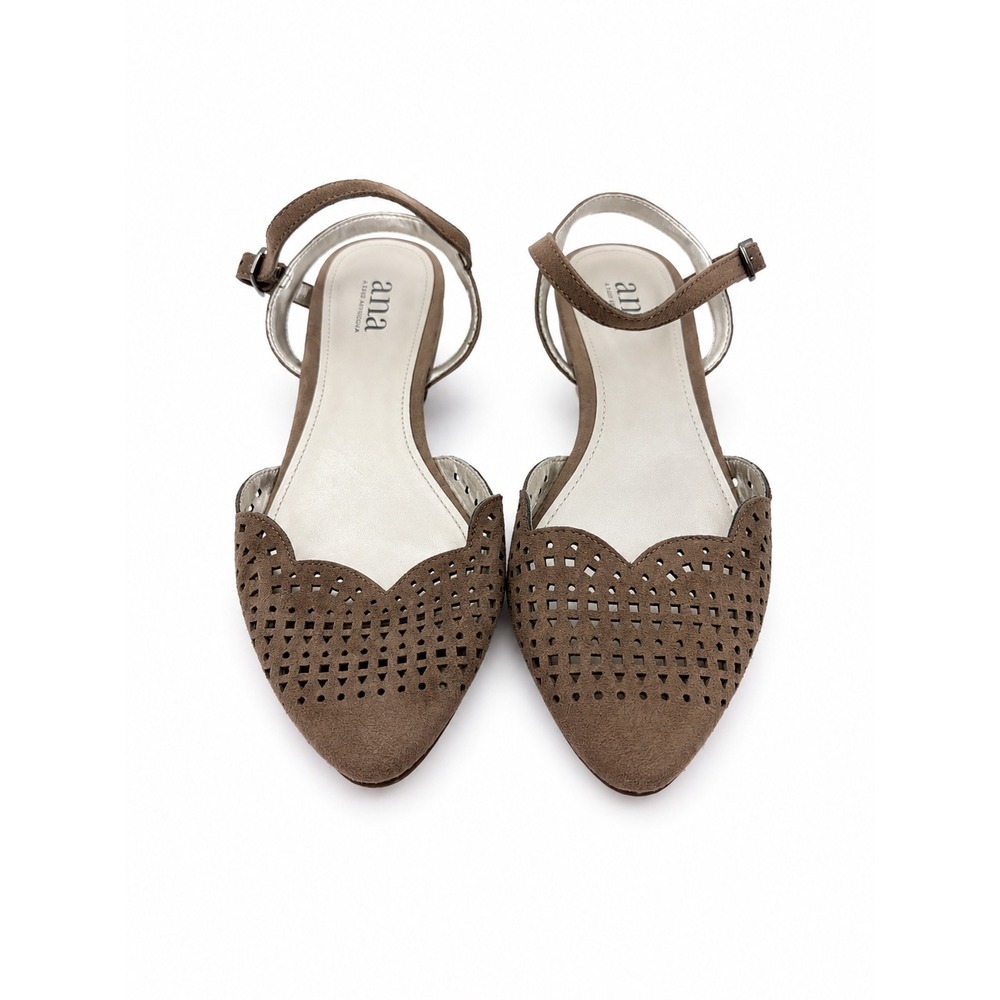 A.N.A Taupe Laser Cut Ankle Strap Pointed Toe Flats Women's Size 6M